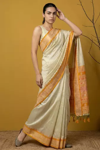 handloom soft art silk saree with zari woven motifs contrast traditional border