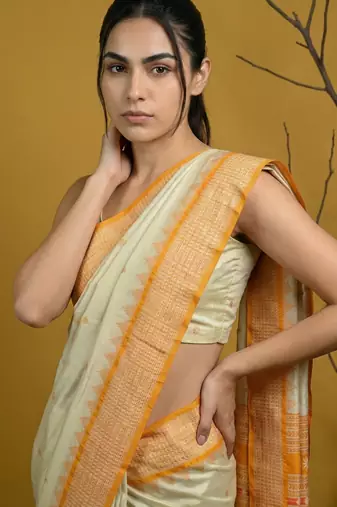 handloom soft art silk saree with zari woven motifs contrast traditional border