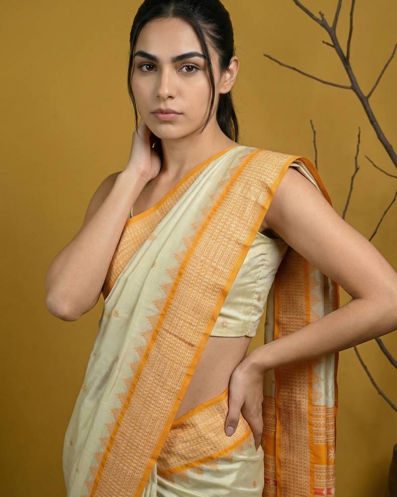 handloom soft art silk saree with zari woven motifs contrast traditional border
