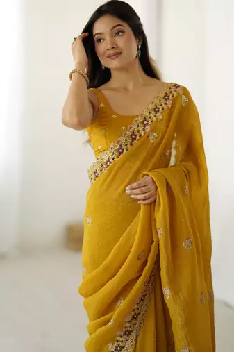 Mustard crunchy partywear saree girlie looks