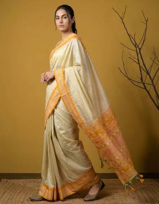 handloom soft art silk saree with zari woven motifs contrast traditional border 5
