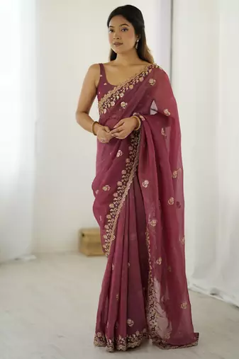 Onion color crunchy fabric beautiful partywear saree for girlie looks