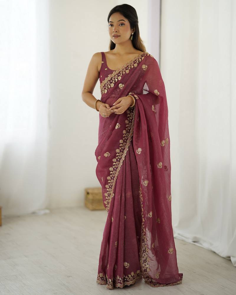 Onion color crunchy fabric beautiful partywear saree for girlie looks