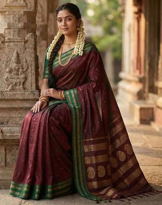 Maroon soft silk blend woven zari ethnic party looks saree 3