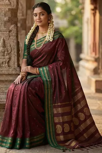 Maroon soft silk blend woven zari ethnic party looks saree