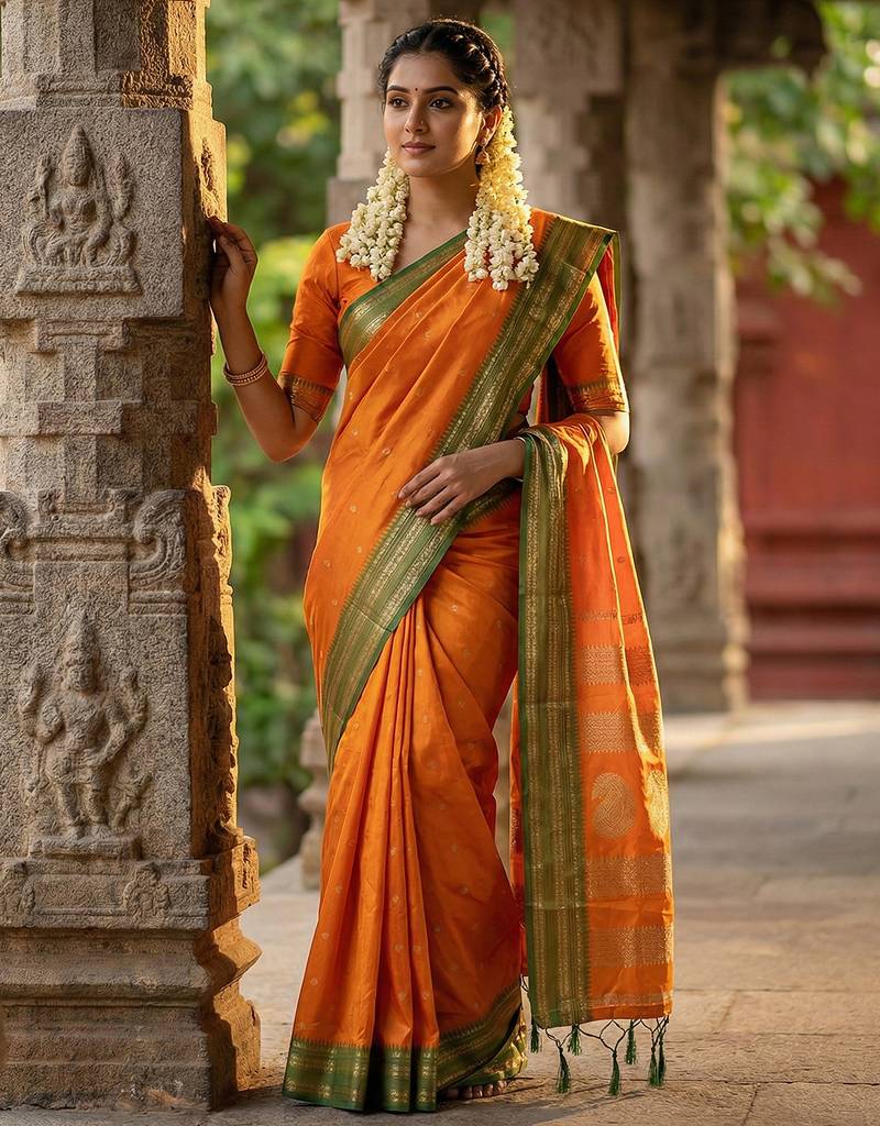 Mustard color soft silk fabric woven jari designer ethnic party looks saree