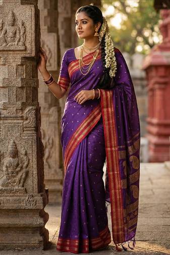 Purple color soft silk fabric woven jari designer ethnic party looks saree