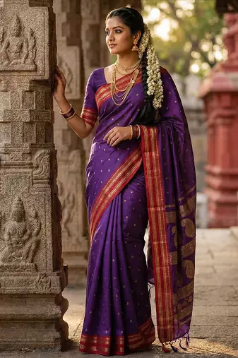 Purple color soft silk fabric woven jari designer ethnic party looks saree