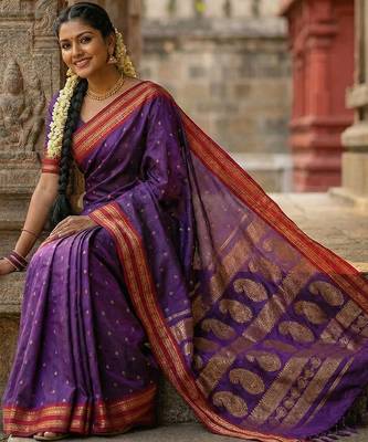 Purple soft silk blend woven zari ethnic party looks saree 3