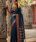 Teal color soft silk fabric woven jari designer ethnic party looks saree