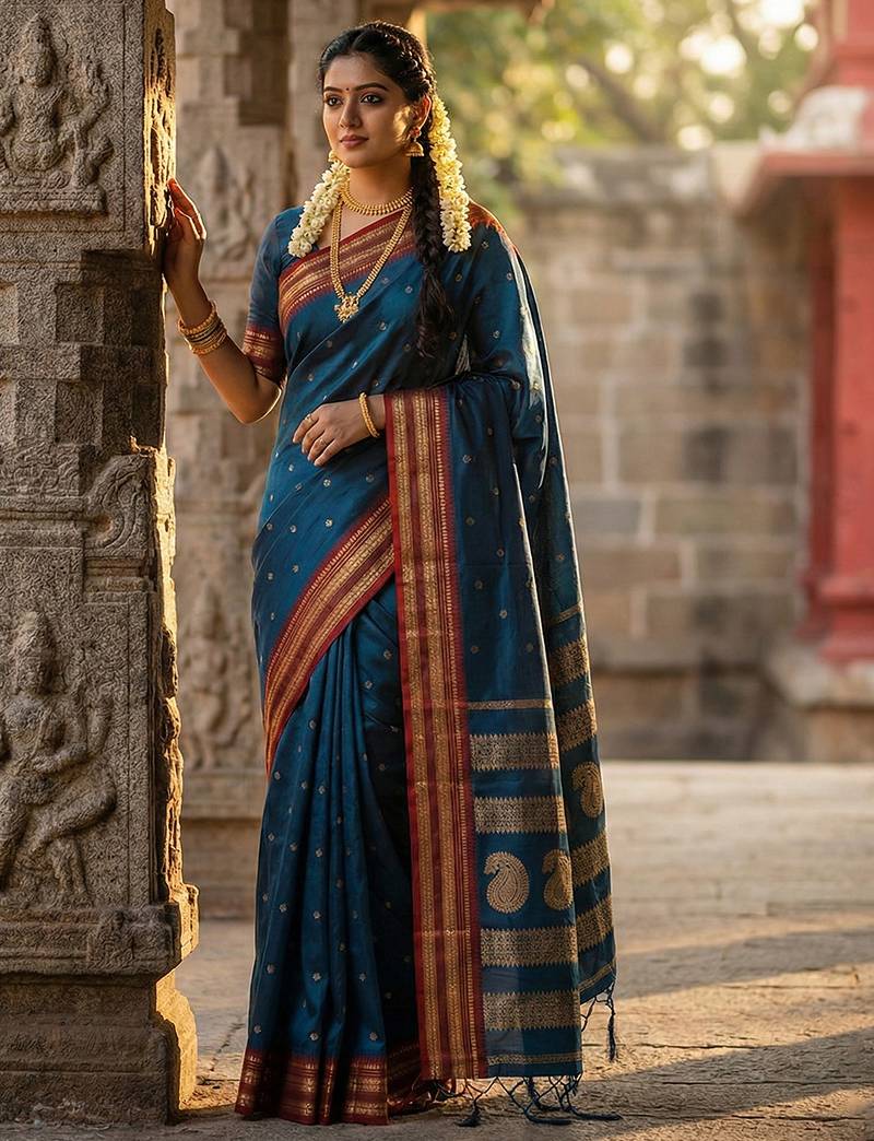 Teal color soft silk fabric woven jari designer ethnic party looks saree