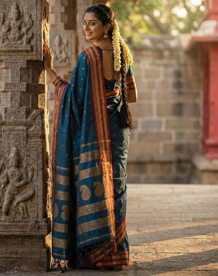 Teal soft silk blend woven zari ethnic party looks saree 2