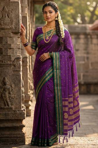 Purple color soft silk fabric woven jari designer ethnic party looks saree