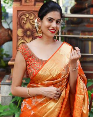 Orange silk blend banarasi jaquard designer saree with blouse 1