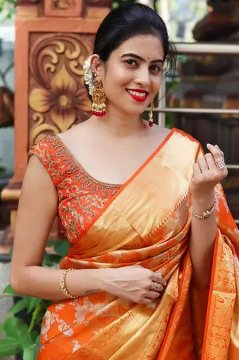 Orange soft silk blend banarasi jacuard work designer saree with blouse