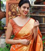 Orange soft silk blend banarasi jacuard work designer saree with blouse