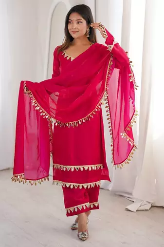 Rani pink women fendy silk mirror work top palazzo set with dupatta | fully stitched ethnic party wear