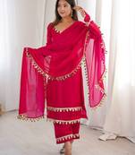Rani pink women fendy silk mirror work top palazzo set with dupatta | fully stitched ethnic party wear