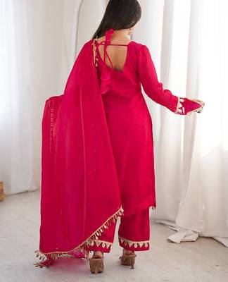 Rani pink women fendy silk mirror work top palazzo set with dupatta fully stitched ethnic party wear 2