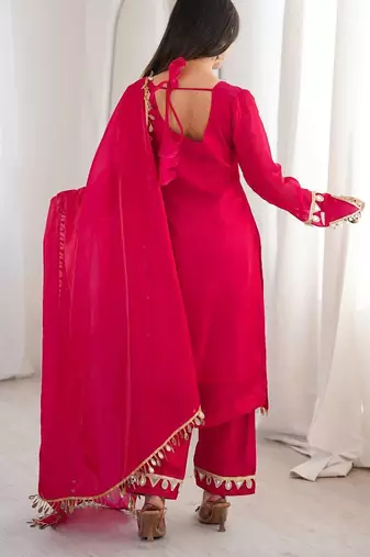 Rani pink women fendy silk mirror work top palazzo set with dupatta fully stitched ethnic party wear