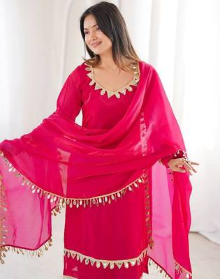 Rani pink women fendy silk mirror work top palazzo set with dupatta fully stitched ethnic party wear 3