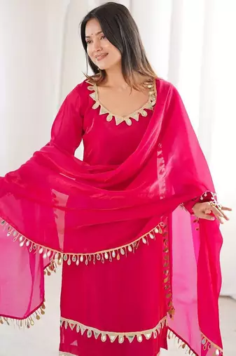 Rani pink women fendy silk mirror work top palazzo set with dupatta fully stitched ethnic party wear