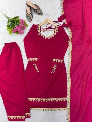 Rani pink women fendy silk mirror work top palazzo set with dupatta fully stitched ethnic party wear 4