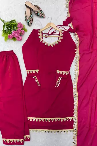 Rani pink women fendy silk mirror work top palazzo set with dupatta fully stitched ethnic party wear