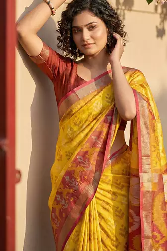 Yellow pochampalli silk blend saree with graceful woven looks