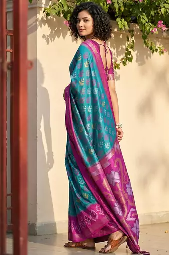 Sky blue pochampalli silk blend saree with graceful woven looks