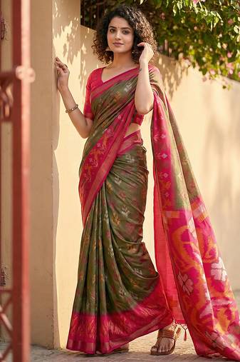 Olive green color pochampalli silk saree with graceful woven designer looks