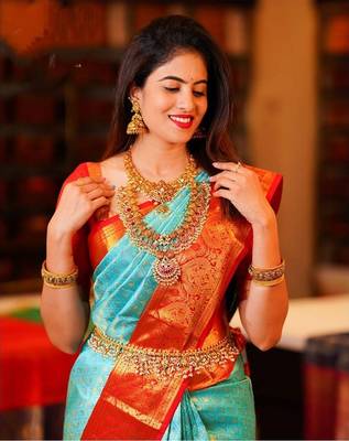 Turquoise silk blend banarasi jaquard designer saree with blouse 1