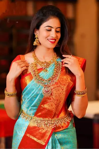 Turquoise soft silk blend banarasi jacuard work designer saree with blouse