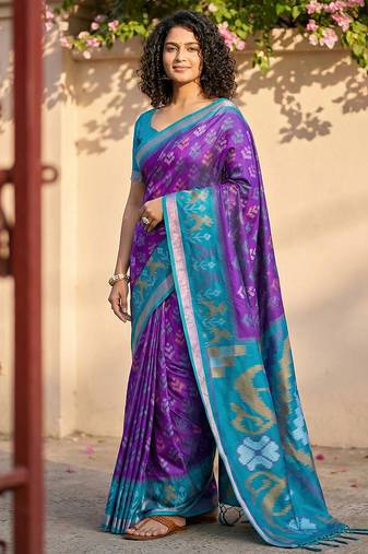 Violet color pochampalli silk saree with graceful woven designer looks
