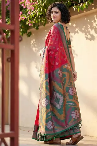 Red pochampalli silk blend saree with graceful woven looks