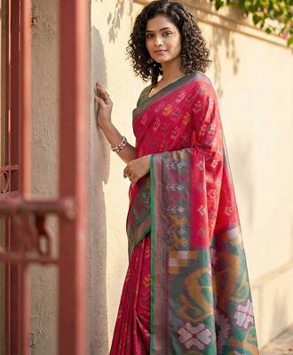 Red pochampalli silk blend saree with graceful woven looks 3
