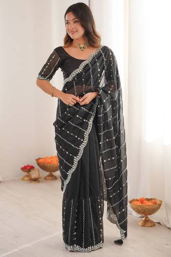 Black color twill net fabric ethnic and girlie ceremonial saree for girls