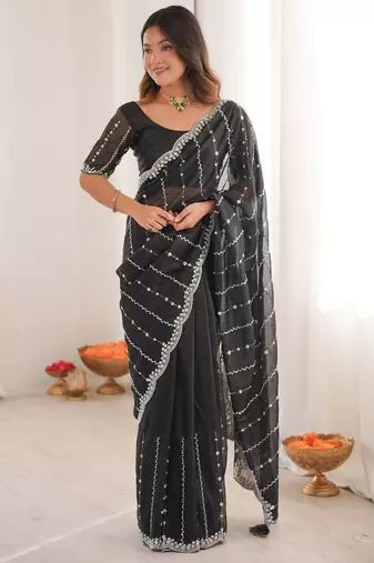 Black color twill net fabric ethnic and girlie ceremonial saree for girls