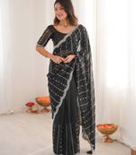 Black color twill net fabric ethnic and girlie ceremonial saree for girls