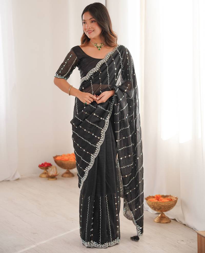 Black color twill net fabric ethnic and girlie ceremonial saree for girls