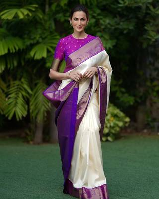 Off white silk blend banarasi jaquard designer saree with blouse 1