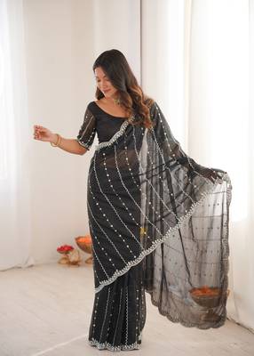 Black twill net ethnic and girlie ceremonial saree girls 5