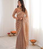 Beige color twill net fabric ethnic and girlie ceremonial saree for girls