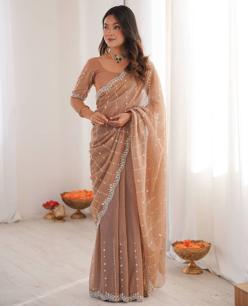 Beige color twill net fabric ethnic and girlie ceremonial saree for girls
