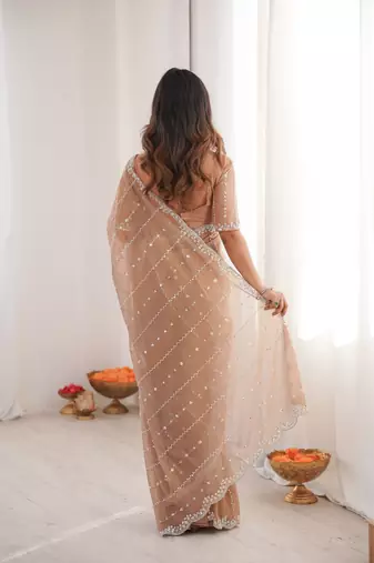 Beige twill net ethnic and girlie ceremonial saree girls
