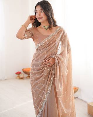 Beige twill net ethnic and girlie ceremonial saree girls 3