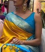 Yellow soft silk blend banarasi jacuard work designer saree with blouse