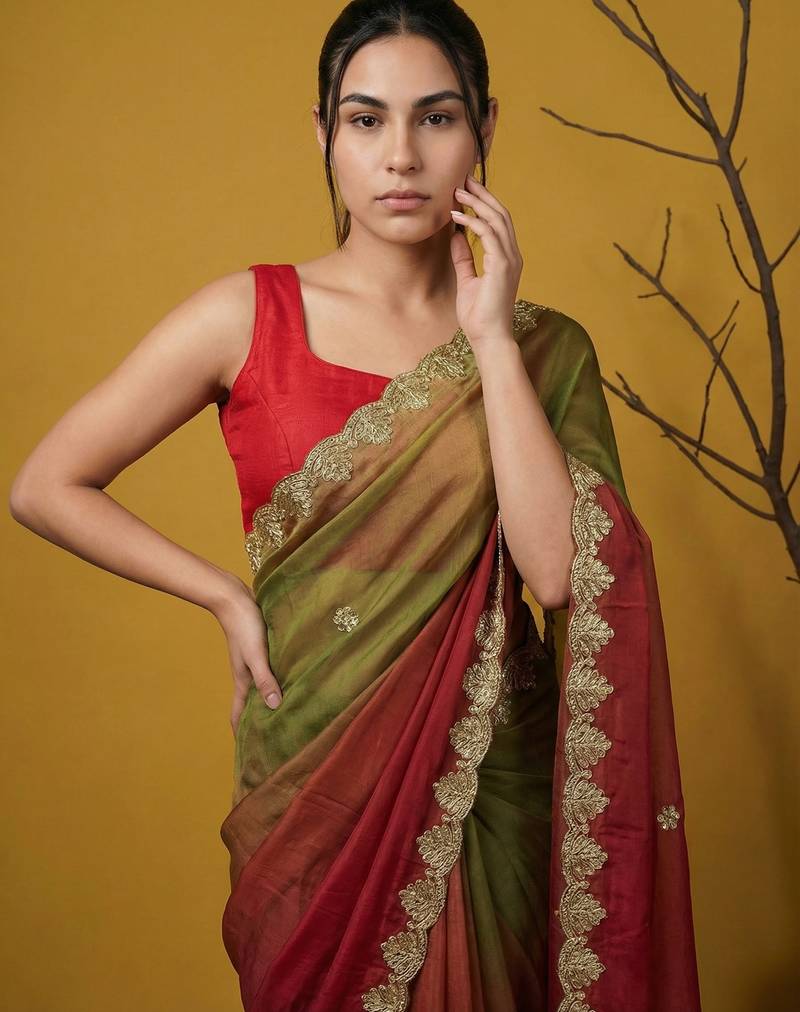 fendy satin designer saree with gotapatti work and cutwork piping border
