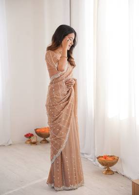 Beige twill net ethnic and girlie ceremonial saree girls 5