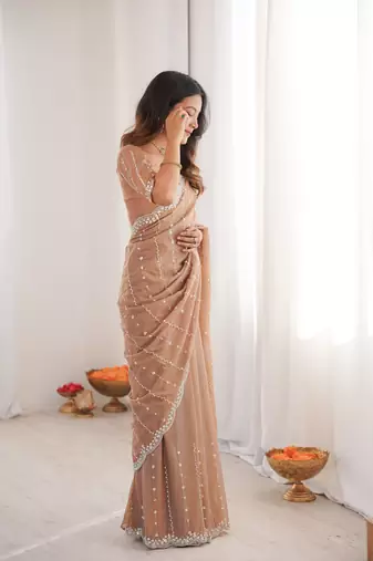 Beige twill net ethnic and girlie ceremonial saree girls